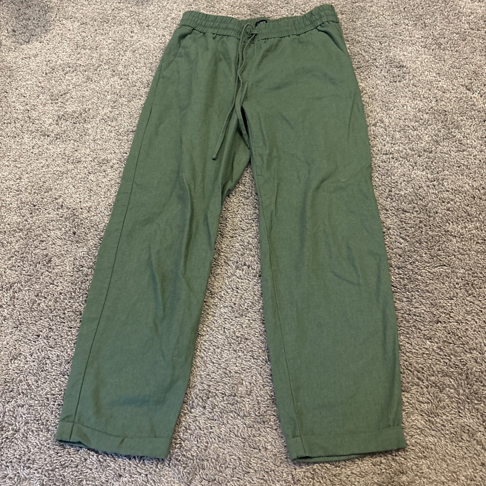 J Crew Factory Linen Blend Pull-On Pants Green Size 4 Cuffed Ankle AW839 Beach